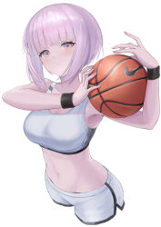 Rule 34 | 1girl, absurdres, ball, bare arms, bare shoulders, basketball (object), blunt bangs, breasts, character request, cleavage, commentary, copyright request, crop top, cropped legs, dolphin shorts, highres, holding, holding ball, large breasts, looking at viewer, midriff, navel, nike (company), parted lips, pink eyes, pink hair, short hair, shorts, simple background, solo, sports bra, sthk, stomach, white background, white shorts