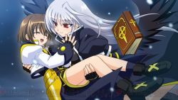 Rule 34 | book, brown hair, carrying, fingerless gloves, gloves, lyrical nanoha, mahou shoujo lyrical nanoha, mahou shoujo lyrical nanoha a&#039;s, mahou shoujo lyrical nanoha a&#039;s portable: the battle of aces, red eyes, reinforce, silver hair, tome of the night sky, waist cape, wings, yagami hayate