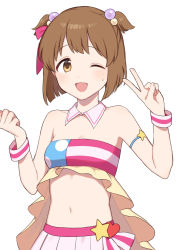 Rule 34 | 1girl, bare arms, bare shoulders, bob cut, breasts, brown eyes, brown hair, character request, chiyoko (tykchiyo), cleavage, commentary request, detached collar, hair ornament, hair ribbon, heart, highres, idolmaster, idolmaster cinderella girls, looking at viewer, medium breasts, navel, one eye closed, parted bangs, pink ribbon, ribbon, short hair, simple background, skirt, smile, solo, standing, star (symbol), strapless, tube top, twintails, two side up, v, white background, white skirt, wristband