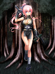 Rule 34 | 1girl, against tree, alternate costume, alternate eye color, alternate hairstyle, ankle wrap, bad id, bad pixiv id, bare legs, black gloves, black scarf, blue nails, breasts, cleavage, female focus, fingerless gloves, forest, gloves, grass, hair between eyes, hair ribbon, highres, holding, japanese clothes, katana, kuromayu, large breasts, legs, long hair, looking at viewer, megurine luka, nail polish, nature, ninja, pink hair, ponytail, purple eyes, revealing clothes, ribbon, sandals, scarf, scroll, side slit, sidelocks, sleeveless, smile, solo, standing, sword, tabi, tattoo, tree, vocaloid, weapon, wrist wrap