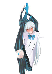 Rule 34 | 1girl, absurdres, beijuu, blue panties, blush, bow, closed mouth, commentary, crotch cutout, dress, frilled dress, frills, girls&#039; frontline, grey hair, hair between eyes, hair bow, highres, long hair, looking at viewer, micro panties, no shoes, panties, puffy short sleeves, puffy sleeves, red eyes, short sleeves, smile, solo, split, standing, standing on one leg, standing split, tokarev (girls&#039; frontline), torn clothes, underwear, white dress