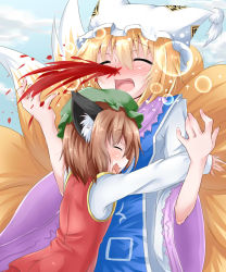 Rule 34 | 2girls, animal ears, blonde hair, blood, blue sky, blush, brown hair, cat ears, cat girl, cat tail, chen, cloud, day, dress, excessive nosebleed, female focus, fox tail, hat, hat with ears, highres, hug, multiple girls, multiple tails, nosebleed, nyifu, ofuda, open mouth, shirt, short hair, skirt, skirt set, sky, smile, sparkle, tabard, tail, touhou, vest, white dress, yakumo ran