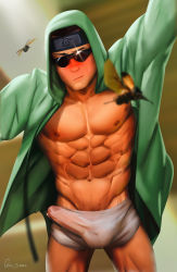 Rule 34 | 1boy, abs, absurdres, aburame shino, aged up, alternate pectoral size, bara, bare pectorals, blurry, blurry foreground, blush, boxers, bug, bulge, cowboy shot, cum, cum on clothes, erection, erection under clothes, forehead protector, highres, hood, hoodie, konohagakure symbol, male focus, male pubic hair, male underwear, muscular, naruto (series), naruto shippuuden, navel, ninja, nipples, open clothes, open hoodie, pectorals, penis, precum, pubic hair, qaisan, short hair, solo, sunglasses, underwear