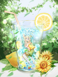 Rule 34 | 1girl, air bubble, aqua hair, barefoot, bendy straw, blouse, blue eyes, bubble, catsir, cherry hair ornament, cup, drink, drinking glass, drinking straw, facing viewer, floating, floating object, flower, food, food-themed hair ornament, from side, fruit, full body, glass, gradient hair, green skirt, hair between eyes, hair ornament, hatsune miku, highres, ice, ice cube, in container, in cup, leaf, lemon, long hair, looking at viewer, mini person, minigirl, multicolored hair, hugging object, orange (fruit), orange slice, outdoors, pleated skirt, scared, shirt, skirt, sleeveless, sleeveless shirt, solo, star-shaped pupils, star (symbol), striped, submerged, summer, sunflower, symbol-shaped pupils, twintails, vertical stripes, very long hair, vocaloid, water, water drop, wavy mouth, wet, wet clothes, yellow shirt