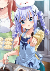 Rule 34 | 1girl, :d, absurdres, angora rabbit, animal, animal on head, apron, blue apron, blue eyes, blue hair, blurry, blurry background, blush, braid, bread, brown hair, chocolate, chocolate on hand, closed mouth, collarbone, commentary request, depth of field, fingernails, food, food on hand, gochuumon wa usagi desu ka?, green apron, green skirt, hair between eyes, hair ornament, head out of frame, head tilt, highres, hoto mocha, indoors, kafuu chino, long hair, long sleeves, looking at viewer, mixing bowl, mousou (mousou temporary), on head, open mouth, outstretched arm, rabbit, shirt, skirt, smile, solo focus, spatula, tippy (gochiusa), twin braids, twintails, white shirt, wooden floor, x hair ornament, yellow shirt