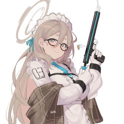 Rule 34 | 1girl, akane (blue archive), black-framed eyewear, blue archive, blue necktie, blue ribbon, bolt action, brown eyes, brown hair, closed mouth, fikkyun, glasses, gloves, gun, halo, handgun, holding, holding gun, holding weapon, long hair, long sleeves, looking at viewer, maid headdress, necktie, ribbon, shirt, simple background, smile, weapon, welrod, white background, white gloves, white shirt
