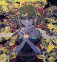 Rule 34 | 1girl, :|, absurdres, blonde hair, blouse, brown jacket, closed mouth, commentary, expressionless, eyebrows hidden by hair, green eyes, green shirt, hair between eyes, hands up, highres, jacket, looking at viewer, mizuhashi parsee, off shoulder, own hands together, pointy ears, scarf, shi chimi, shirt, short hair, short sleeves, solo, touhou, upper body, white scarf