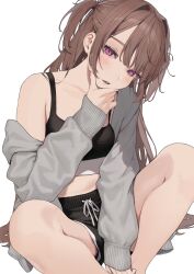 Rule 34 | 1girl, absurdres, black shorts, black sports bra, breasts, brown hair, collarbone, commentary request, daluto (hitomi555), feet out of frame, grey sweater, half-closed eyes, hand on own chin, head tilt, highres, knees apart feet together, lips, long hair, off shoulder, original, panties, panty peek, parted lips, pink eyes, pink panties, shorts, simple background, sitting, small breasts, solo, sports bra, sweater, sweater vest, two side up, underwear, white background