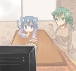 Rule 34 | animal ears, bad id, bad pixiv id, blue eyes, blue hair, blush, cat ears, cat tail, chips (food), eating, fang, food, green eyes, green hair, highres, kotatsu, kouya (ame-zaiku), original, outstretched arm, outstretched hand, reaching, sleeves past wrists, sweater, table, tail, television, watching television