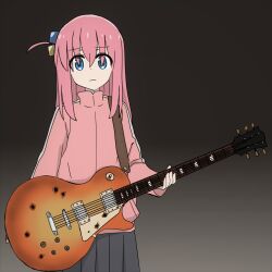 Rule 34 | 1girl, beck, black skirt, blue eyes, bocchi the rock!, bullet hole, cube hair ornament, electric guitar, frown, gibson les paul, gotoh hitori, gradient background, guitar, guitar strap, hair ornament, highres, holding, holding guitar, holding instrument, instrument, jacket, looking at viewer, lucille (beck), pink hair, pink jacket, pink track suit, side ahoge, skirt, solo, type-pro