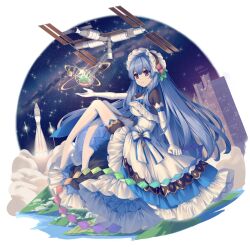 Rule 34 | 1girl, blue dress, blue hair, bodystocking, bonnet, building, constellation, dress, elbow gloves, food-themed hair ornament, frilled dress, frills, galaxy, gloves, hair ornament, highres, hinanawi tenshi, international space station, long hair, mechrailgun, night, night sky, no shoes, pantyhose, peach hair ornament, rainbow order, red eyes, sky, skyscraper, solo, space shuttle, spacecraft, star (sky), starry sky, touhou, very long hair, white dress, white gloves, white pantyhose