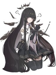 Rule 34 | 1girl, arknights, ascot, black ascot, black eyes, black gloves, black hair, black halo, black skirt, black thighhighs, black wings, broken halo, commentary, detached wings, energy wings, gloves, halo, highres, holding, holding leash, jacket, leash, long hair, skirt, smug, solo, taiiiyakiii, thighhighs, thighs, very long hair, virtuosa (arknights), white background, white jacket, wings