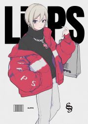 Rule 34 | 1girl, bag, black eyes, breasts, coat, earrings, grey background, grey hair, hand in pocket, highres, hodoyoi, idolmaster, idolmaster cinderella girls, jewelry, looking at viewer, necklace, shiomi syuko, short hair, simple background, sleeves past wrists, solo, sweater, turtleneck, turtleneck sweater, winter clothes, winter coat