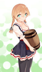 Rule 34 | 10s, 1girl, alternate costume, alternate hairstyle, anchor hair ornament, aqua eyes, beer keg, black pantyhose, blew andwhite, blush, breasts, carrying, cleavage, collarbone, dirndl, german clothes, hair ornament, highres, kantai collection, pantyhose, prinz eugen (kancolle), smile, solo