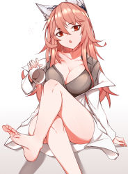 Rule 34 | 1girl, absurdres, animal ears, bare shoulders, barefoot, breasts, brown shirt, choumi wuti (xueye fanmang zhong), circle, coat, coffee cup, cup, disposable cup, feet, girls&#039; frontline, highres, implied footjob, large breasts, long hair, looking at viewer, no panties, open mouth, persica (girls&#039; frontline), pink hair, red eyes, robot ears, shirt, soles, solo, thighs, toes, undressing, white coat