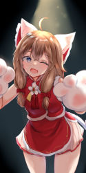 Rule 34 | ;d, a-soul, ahoge, animal ears, animal hands, blue eyes, brown hair, cat ears, cowboy shot, diana (a-soul), dress, fang, gloves, hair between eyes, head tilt, highres, leaning forward, long hair, low-tied long hair, low twintails, one eye closed, open mouth, paw gloves, paw pose, pleated skirt, red dress, skin fang, skirt, sleeveless, smile, standing, theos, twintails, virtual youtuber, wink