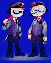 29_kyuu 2boys animal_ears animal_nose arms_at_sides black_pants blue_background blue_hat brothers bulletproof_vest collared_shirt daimon_kenshirou daimon_koushirou dog_boy dog_ears dog_tail full_body furry furry_male glasses hand_in_pocket hat highres japan_national_police male_focus multiple_boys odd_taxi open_mouth over_shoulder pants police police_hat police_uniform policeman shirt siblings simple_background standing tail twins weapon weapon_over_shoulder white-framed_eyewear white_shirt