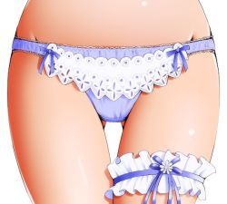 Rule 34 | 1girl, blue panties, bridal garter, close-up, dr rex, frills, gluteal fold, head out of frame, meme attire, original, panties, pov panties, simple background, solo, thigh gap, underwear, virgin killer outfit, white background