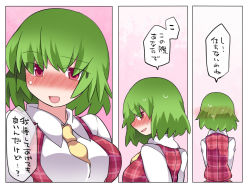 Rule 34 | 1girl, ascot, bad id, bad pixiv id, blush, dress shirt, hammer (sunset beach), kazami yuuka, looking at viewer, open mouth, plaid, plaid vest, red eyes, shirt, short hair, sideways glance, smile, solo, touhou, translation request, upper body, vest