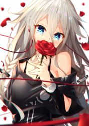 Rule 34 | 1girl, aqua eyes, arm at side, bare shoulders, between fingers, black bra, bra, braid, breasts, cleavage, collarbone, commentary, crying, crying with eyes open, earphones, flower, grey hair, habu., hair between eyes, head tilt, headphones, holding, holding flower, ia (vocaloid), long hair, long sleeves, looking at viewer, medium breasts, off shoulder, petals, red flower, red rose, rose, rose petals, simple background, solo, sparkle, tears, twin braids, underwear, upper body, vocaloid, white background