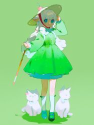 Rule 34 | 1girl, animal, animal ears, blue eyes, blue footwear, bow, candy, candy cane, cane, cat, cat day, cat ears, cherry, chin strap, closed mouth, collared dress, dress, earrings, food, food on head, fruit, fruit on head, full body, green background, green theme, hair bow, hand on headwear, hand up, hat, highres, holding, holding cane, jewelry, kneehighs, long hair, long sleeves, looking at viewer, makagi2, mary janes, melon soda, object on head, original, personification, shoes, short dress, sidelocks, simple background, smile, socks, standing, sun hat, white hair, white socks