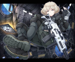 Rule 34 | 1girl, animification, black eyes, black footwear, black gloves, black shirt, blonde hair, boots, fingerless gloves, gloves, glowing, green pants, gun, highres, holding, holding gun, holding weapon, iana (rainbow six), letterboxed, looking at viewer, nosh, pants, rainbow six siege, shirt, short hair, sitting, smile, solo, trigger discipline, weapon
