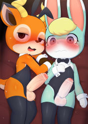 Rule 34 | 2boys, absurdres, animal crossing, animal ears, animal nose, arm at side, bar censor, beau (animal crossing), black bow, black bowtie, black eyes, black legwear, black leotard, blonde hair, blue eyes, blue fur, blush, body fur, bow, bowtie, censored, closed mouth, clothing aside, crossdressing, deer boy, deer ears, deer tail, detached collar, embarrassed, erection, fake animal ears, foreskin, furry, furry male, half-closed eyes, hand on own chest, highres, horns, leotard, leotard aside, lying, male focus, multiple boys, nintendo, on back, on side, open mouth, orange fur, penis, phimosis, playboy bunny, precum, rabbit ears, saliva, sasha (animal crossing), strapless, strapless leotard, sweat, tail, tearing up, testicles, thighhighs, thighs, trap, wavy mouth, wide-eyed, wrist cuffs, yousan (pixiv540898)