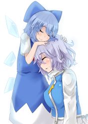 Rule 34 | 2girls, blue dress, bow, cirno, dress, closed eyes, hair bow, highres, hug, ice, ice wings, letty whiterock, multiple girls, short hair, smile, touhou, white background, wings, yet you
