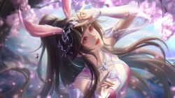 Rule 34 | 1girl, absurdres, animal ears, arm up, bare shoulders, brown hair, chizi tiantian du xiang huahua, douluo dalu, dress, falling petals, floating hair, hair ornament, highres, long hair, looking up, open mouth, petals, pink dress, pink eyes, ponytail, rabbit ears, second-party source, smile, solo, tree, upper body, xiao wu (douluo dalu)