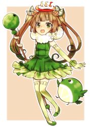 Rule 34 | 10s, 1girl, :o, absurdres, bad id, bad pixiv id, bird, brown hair, character request, dress, elbow gloves, food, fruit, gloves, green eyes, hair ornament, highres, lime (fruit), long hair, magical girl, mahou shoujo taisen, mahou shoujo taisen contest 1, masaki natsume, open mouth, pigeon-toed, sepia background, shoes, sleeveless, solo, staff, star-shaped pupils, star (symbol), symbol-shaped pupils, thighhighs, twintails, yellow thighhighs, zettai ryouiki