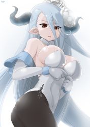 Rule 34 | 10s, 1girl, alternate costume, ass, black pantyhose, blue hair, breasts, brown eyes, cleavage, covered navel, draph, elbow gloves, eyebrows, eyes visible through hair, flower, from behind, fur trim, gloves, granblue fantasy, hair between eyes, hair flower, hair ornament, hat, highres, horns, izmir, large breasts, leotard, long hair, looking back, mole, mole under mouth, open mouth, pantyhose, playboy bunny, pointy ears, rose, solo, very long hair, white flower, white gloves, white hat, white rose, yosaku09161