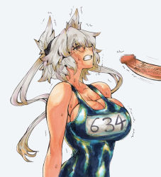 Rule 34 | 10s, 1boy, 1girl, blush, breasts, brown eyes, censored, cleavage, clenched teeth, dark-skinned female, dark skin, disembodied penis, glasses, huge breasts, kantai collection, kikuta, marker (medium), millipen (medium), mosaic censoring, musashi (kancolle), one-piece swimsuit, penis, pointy hair, school swimsuit, semi-rimless eyewear, silver hair, simple background, solo focus, sweat, swimsuit, teeth, traditional media, translation request, trembling, two side up, under-rim eyewear