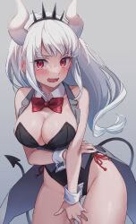 Rule 34 | 1girl, black leotard, blush, bow, bowtie, breasts, cleavage, collar, crown, demon, demon girl, demon horns, demon tail, detached collar, ear blush, grey background, grey vest, groin, helltaker, highres, horns, large breasts, leotard, looking at viewer, lucifer (helltaker), masuishi kinoto, mole, mole under eye, playboy bunny, red bow, red bowtie, red eyes, sidelocks, simple background, tail, tearing up, thighs, vest, white collar, white hair, white horns