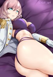 Rule 34 | 1girl, absurdres, artist name, ass, bikini, blue eyes, breasts, epaulettes, gloves, gridman universe, hair between eyes, highres, jacket, large breasts, long sleeves, looking at viewer, looking back, lying, military jacket, mujina, multi-strapped bikini, on side, open clothes, open jacket, parted lips, pink hair, purple bikini, short hair, solo, ssss.dynazenon, swimsuit, thighs, thong bikini, white gloves, white jacket, xkit