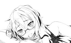 Rule 34 | 1girl, bad id, bad pixiv id, bat wings, bespectacled, blush, bottomless, clothes lift, fang, female focus, glasses, greyscale, lying, monochrome, ogami kazuki, on stomach, remilia scarlet, saliva, shirt lift, short hair, slit pupils, solo, strap slip, tears, touhou, wings