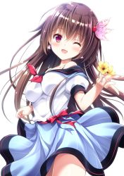 Rule 34 | 1girl, arms up, backlighting, black sailor collar, blue skirt, blush, breasts, brown hair, collarbone, earrings, flower, gradient background, hair between eyes, hair ornament, hands in hair, head tilt, jewelry, kantai collection, kisaragi (kancolle), long hair, looking at viewer, medium breasts, off shoulder, one eye closed, puffy short sleeves, puffy sleeves, purple eyes, red ribbon, ribbon, sailor collar, shell, shell earrings, shirt, short sleeves, sitting, skirt, skirt hold, smile, solo, sparkle, striped clothes, striped skirt, suzui narumi, thighs, vertical stripes, very long hair, wariza, white background, white shirt