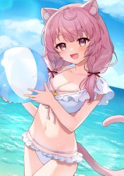 Rule 34 | 1girl, :d, animal ear fluff, animal ears, ball, bare arms, beachball, bikini, blue sky, blush, breasts, cat ears, cat girl, cat tail, cleavage, cloud, collarbone, commentary request, commission, copyright request, day, frilled bikini, frills, hair over shoulder, head tilt, holding, holding ball, horizon, looking at viewer, low twintails, medium breasts, ocean, open mouth, outdoors, pink hair, purple eyes, skeb commission, sky, smile, solo, swimsuit, tail, twintails, virtual youtuber, water, white bikini, yamabukiiro