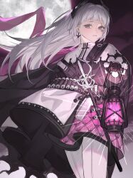 Rule 34 | 1girl, absurdres, ammunition belt, arknights, black gloves, black jacket, capelet, chinese commentary, commentary, cowboy shot, earrings, feather hair, full moon, gloves, grey eyes, grey hair, highres, holding, holding lantern, irene (arknights), jacket, jewelry, lantern, long hair, long sleeves, looking at viewer, moon, parted lips, pink pupils, pink skirt, scar, scar across eye, skirt, solo, sword, thighhighs, two-tone skirt, weapon, weimeizi, white capelet, white skirt, white thighhighs