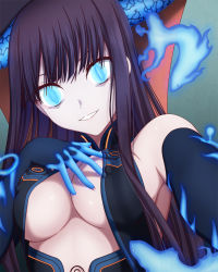 Rule 34 | 1girl, bare shoulders, black dress, black gloves, black headwear, blue eyes, blue fire, breasts, center opening, cleavage, covered erect nipples, dress, elbow gloves, fate/grand order, fate (series), fire, fish, gloves, glowing, glowing eyes, hand on own chest, hasebe akira, large breasts, long hair, looking at viewer, outstretched arm, parted bangs, purple hair, selfie, slit pupils, smile, very long hair, yang guifei (fate), yang guifei (third ascension) (fate)