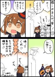 Rule 34 | 10s, 3girls, :d, ^ ^, admiral (kancolle), alternate costume, brown eyes, cape, character request, comic, commentary request, closed eyes, fang, flag, hair ornament, hairclip, halloween, halloween costume, hat, ikazuchi (kancolle), kantai collection, kobashi daku, long hair, long sleeves, military, military uniform, multiple girls, neckerchief, open mouth, partially colored, satsuki (kancolle), school uniform, serafuku, short hair, short sleeves, smile, sweat, translation request, twitter username, uniform, ushio (kancolle), witch hat