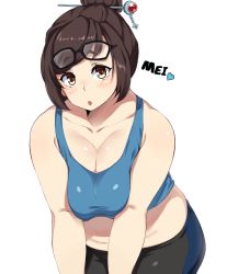 Rule 34 | 1girl, :o, bad id, bad pixiv id, bare shoulders, beads, belly, blush, breasts squeezed together, breasts, brown eyes, brown hair, eyewear on head, glasses, hair bun, hair ornament, hair stick, highres, large breasts, looking at viewer, mei (overwatch), moisture (chichi), overwatch, overwatch 1, parted lips, plump, short hair, simple background, single hair bun, solo, tank top, thighs, white background