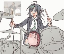 Rule 34 | 1boy, 1girl, ahoge, animalization, awa subaru, black hair, black jacket, cat, closed eyes, collared shirt, commentary, derivative work, doch1 suki, drum, drum set, drumsticks, girls band cry, green necktie, grey skirt, hair ribbon, hashtag-only commentary, hedgehog, holding, holding drumsticks, instrument, iseri nina, jacket, long hair, meme, microphone, microphone stand, music, necktie, open mouth, playing instrument, reference inset, ribbon, school uniform, shirt, singing, skirt, smile, white ribbon, white shirt
