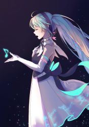 Rule 34 | 1girl, arm at side, bare shoulders, black ribbon, blue hair, clothes lift, dress, eighth note, elbow gloves, expressionless, closed eyes, gloves, glowing, hairband, hand on own chest, hatsune miku, highres, long hair, miku symphony (vocaloid), musical note, open mouth, outstretched arm, profile, ribbon, skirt, skirt lift, sleeveless, sleeveless dress, solo, very long hair, vocaloid, white gloves, xia bao (8829994)