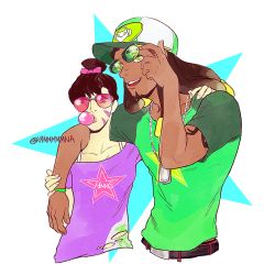 Rule 34 | 1boy, 1girl, alternate hairstyle, animal print, arm tattoo, bad id, bad twitter id, baseball cap, beard, belt, breasts, brown eyes, blowing bubbles, buckle, casual, character name, chewing gum, collarbone, commentary, cropped torso, d.va (overwatch), dark-skinned male, dark skin, dog tags, facepaint, facial hair, facial mark, frog print, glasses, goatee, green eyes, green shirt, hand on another&#039;s shoulder, hat, kammmmmna, lucio (overwatch), overwatch, overwatch 1, pink lips, pink shirt, ponytail, shirt, short sleeves, sleeveless, sleeveless shirt, star (symbol), star print, sunglasses, tattoo, toned, torn clothes, transparent background, twitter username, whisker markings, wristband
