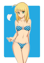 Rule 34 | 1girl, ahoge, alternate costume, arm behind back, artoria pendragon (all), artoria pendragon (fate), bandeau, bikini, blonde hair, blue background, border, breasts, cleavage, collarbone, cowboy shot, fate/hollow ataraxia, fate/stay night, fate/zero, fate (series), female focus, green eyes, haruken (pixiv 148902), long hair, looking at viewer, navel, o-ring, o-ring top, polka dot, polka dot bikini, polka dot swimsuit, ryusho, saber (fate), side-tie bikini bottom, smile, solo, standing, swimsuit, thigh gap, untying
