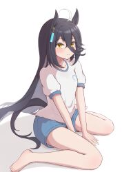 Rule 34 | 1girl, absurdres, ahoge, animal ears, barefoot, black hair, blue shorts, closed mouth, commentary request, earrings, hair between eyes, highres, hojichabu, horse ears, horse girl, horse tail, jewelry, legs, long bangs, long hair, looking at viewer, manhattan cafe (umamusume), original race uniform (umamusume), shirt, short sleeves, shorts, simple background, single earring, sitting, smile, solo, tail, thighs, umamusume, wariza, white background, white shirt, yellow eyes