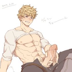 Rule 34 | 1boy, abs, bad id, bad twitter id, bara, bare pectorals, belt, black pants, blonde hair, blush, boots, clenched teeth, clothes lift, erection, granblue fantasy, hachikou nameko, large pectorals, looking at penis, male focus, male masturbation, male pubic hair, masturbation, muscular, muscular male, navel, nipples, open belt, open fly, open pants, pants, pectorals, penis, pubic hair, shirt, shirt lift, short hair, sitting, solo, teeth, translation request, uncensored, vane (granblue fantasy), white background, white shirt