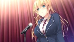 Rule 34 | 1girl, ayase hazuki, blonde hair, blush, breasts, chobipero, collared shirt, game cg, green eyes, highres, indoors, large breasts, long hair, long sleeves, looking at viewer, microphone, school uniform, solo, standing, upper body, zannen na ane to no love comedy