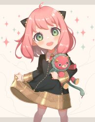 Rule 34 | 1girl, anya (spy x family), child, director chimera (spy x family), dress, eden academy school uniform, fake horns, gold trim, green eyes, hairpods, highres, horns, long sleeves, looking at viewer, miri (cherryjelly), open mouth, pink hair, school uniform, simple background, spy x family, stuffed toy, teeth, toy, upper teeth only
