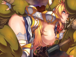 Rule 34 | 1girl, 6+boys, arm grab, arm held back, armor, audience, blonde hair, blue eyes, blush, breasts, censored, colored skin, cum, cum in mouth, cum in nose, defeat, elbow pads, fellatio, female knight, fingerless gloves, full armor, funamushi (funa), gloves, greaves, green skin, group sex, hanging breasts, head grab, headgear, helm, helmet, holding own arm, huge breasts, interspecies, knight, loincloth, long hair, monster, multiple boys, nipples, open mouth, oral, orc, penis, rape, sex, shoulder pads, solo focus, spitroast, tears, thighhighs, torn clothes, white gloves, white thighhighs